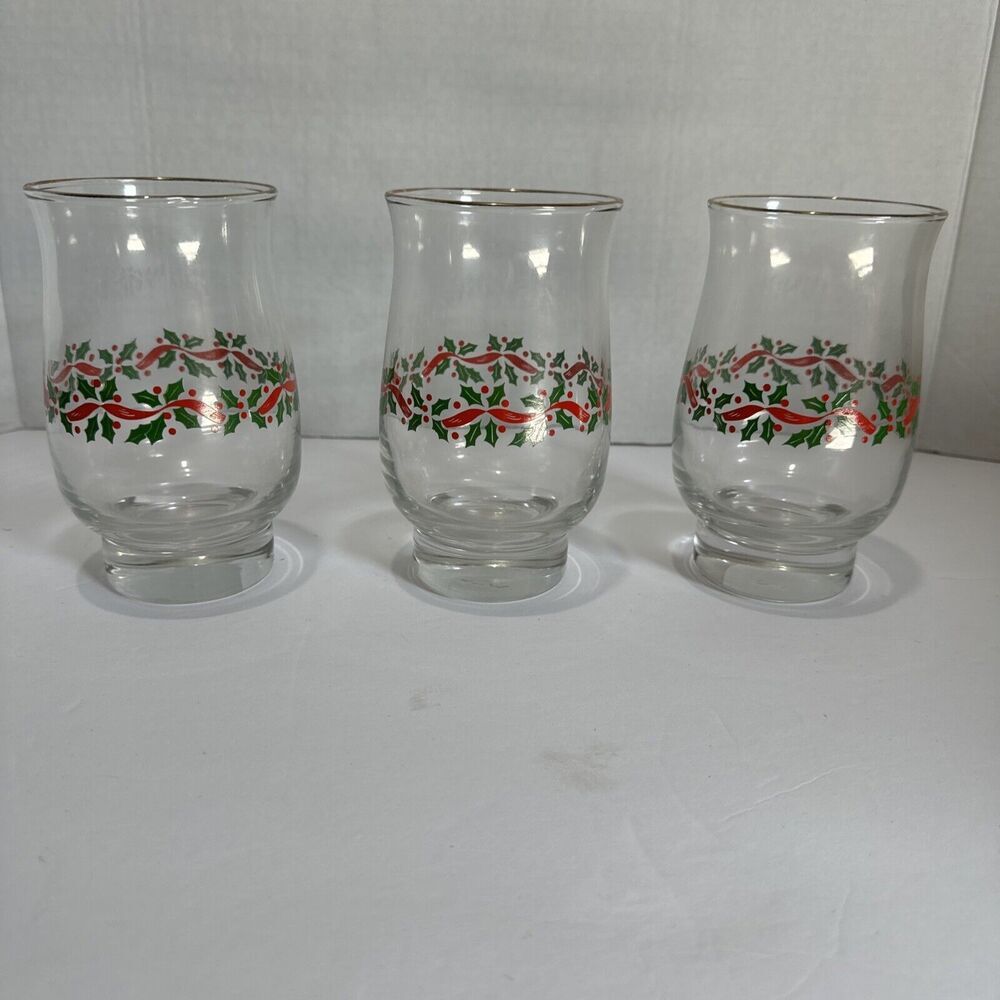 Libbey Holly & Berry Christmas Tumblers‎ Clear Glass Gold Rim 5 1/4" Vintage 3